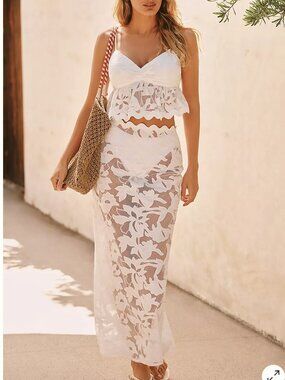 Blithe by Anthropologie White Scalloped / Sheer Maxi Skirt Set Size Medium